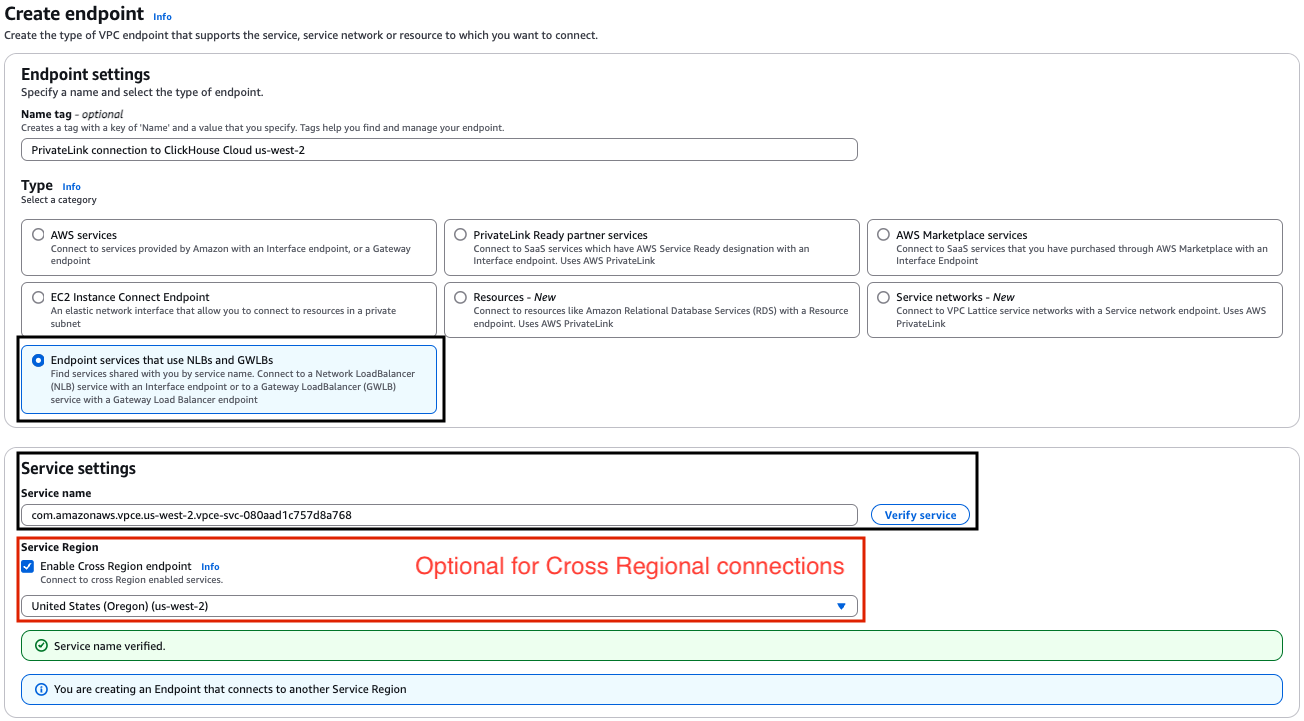 Настройки AWS PrivateLink Endpoint