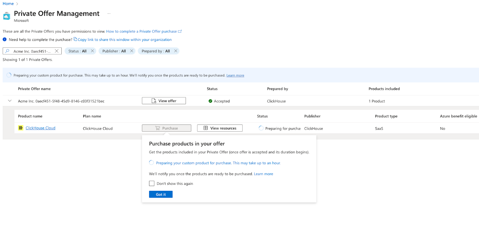 Страница управления приватным предложением Azure Marketplace