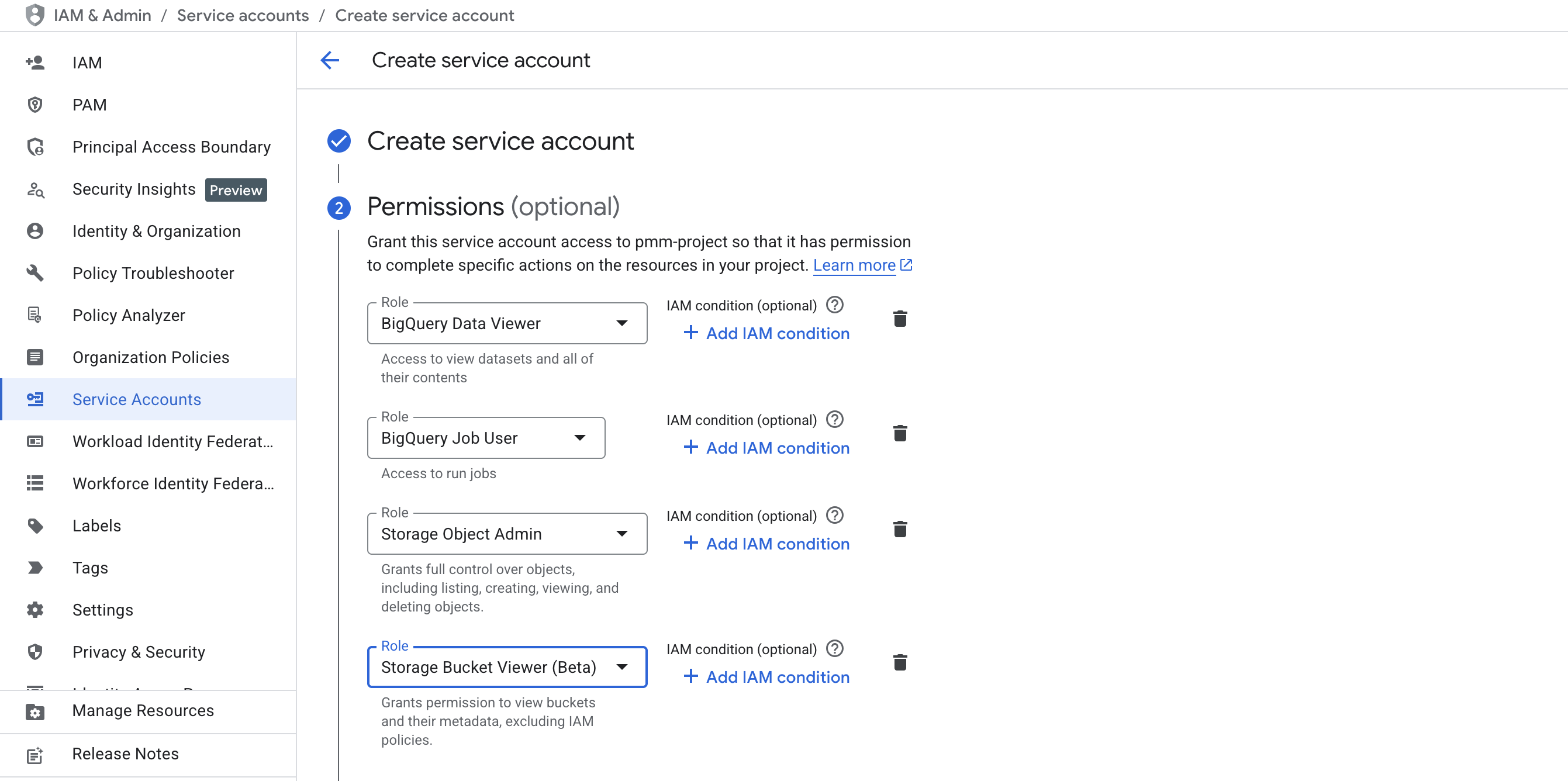 Создание ключа сервисного аккаунта с правами доступа BigQuery и Cloud Storage