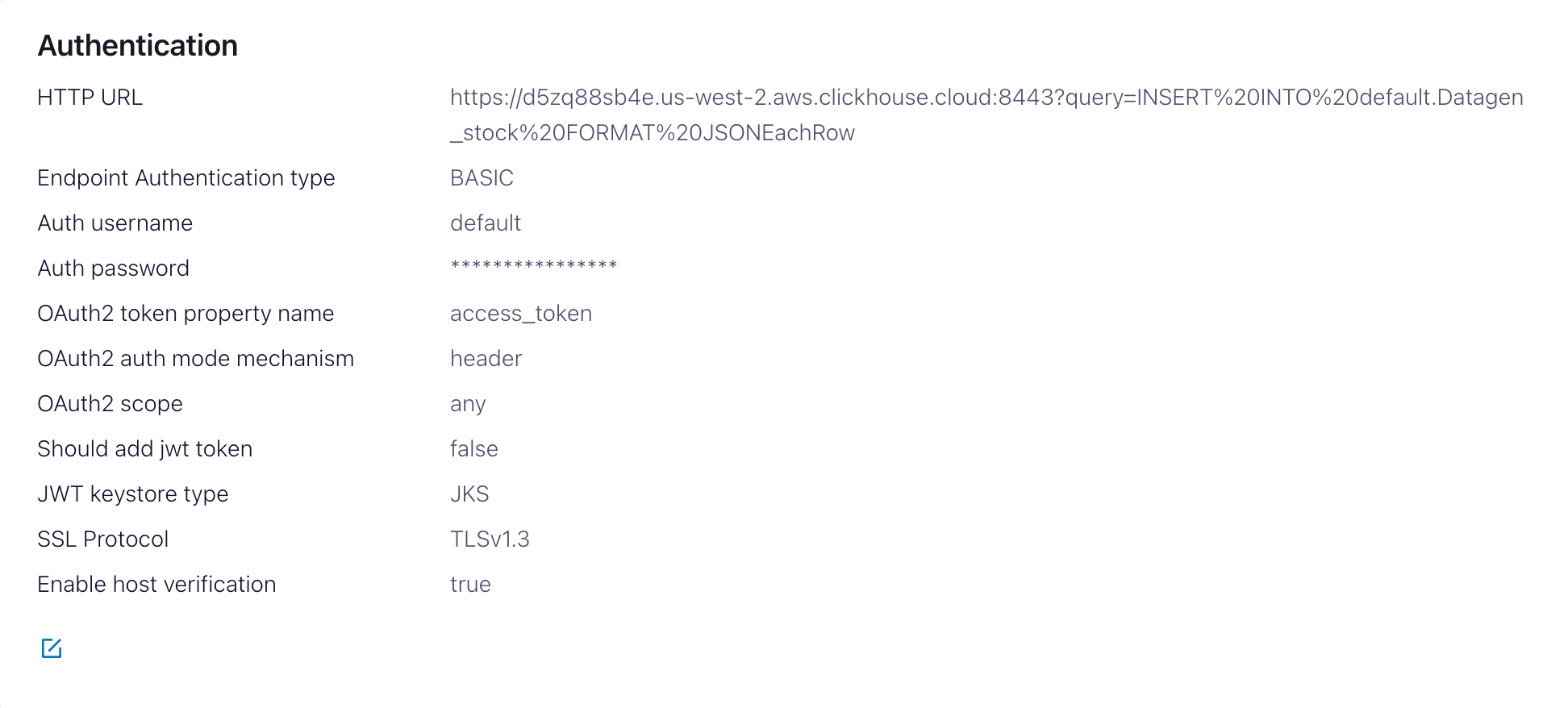 Интерфейс Confluent Cloud, показывающий настройки аутентификации для коннектора HTTP Sink