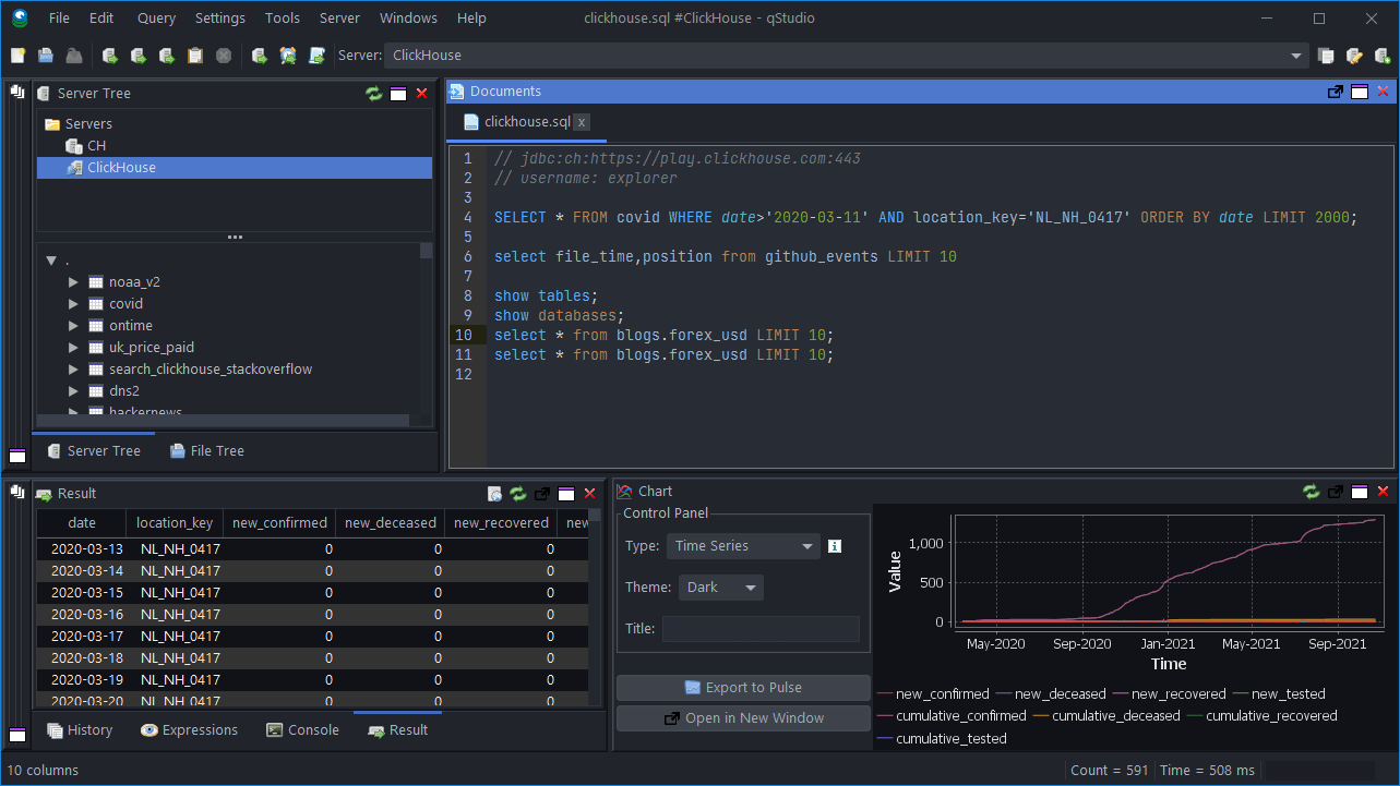 Интерфейс QStudio, демонстрирующий выполнение примерного SQL-запроса в базе данных ClickHouse